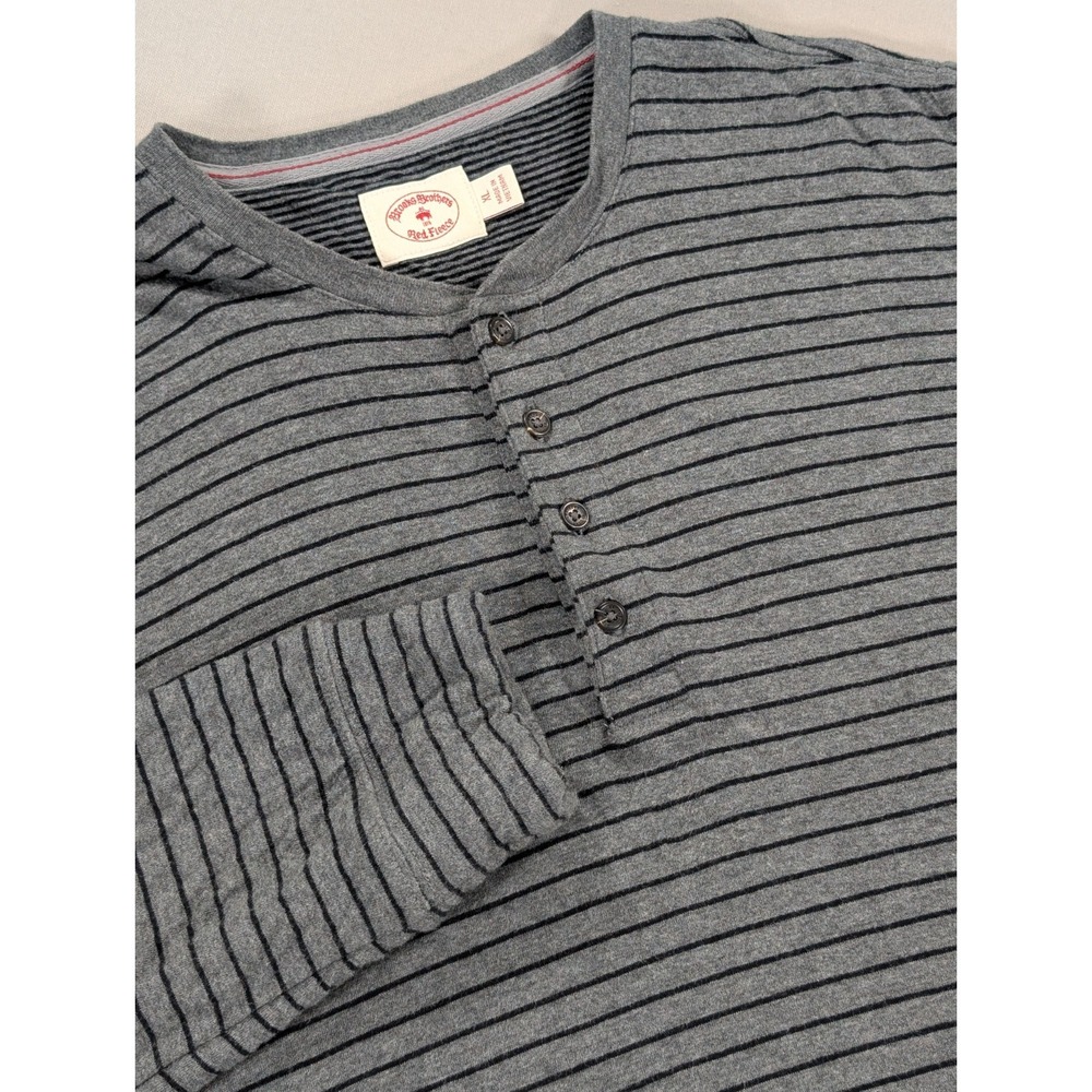 Brooks Brothers Shirt Men's XL Gray Striped Henley Long Sleeve Cotton Red Fleece